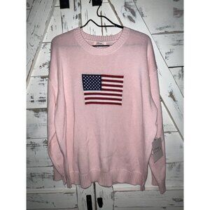 NEW ! American Pink Flag Sweater Oversized Relaxed Cotton Crewneck Quiet Luxury
